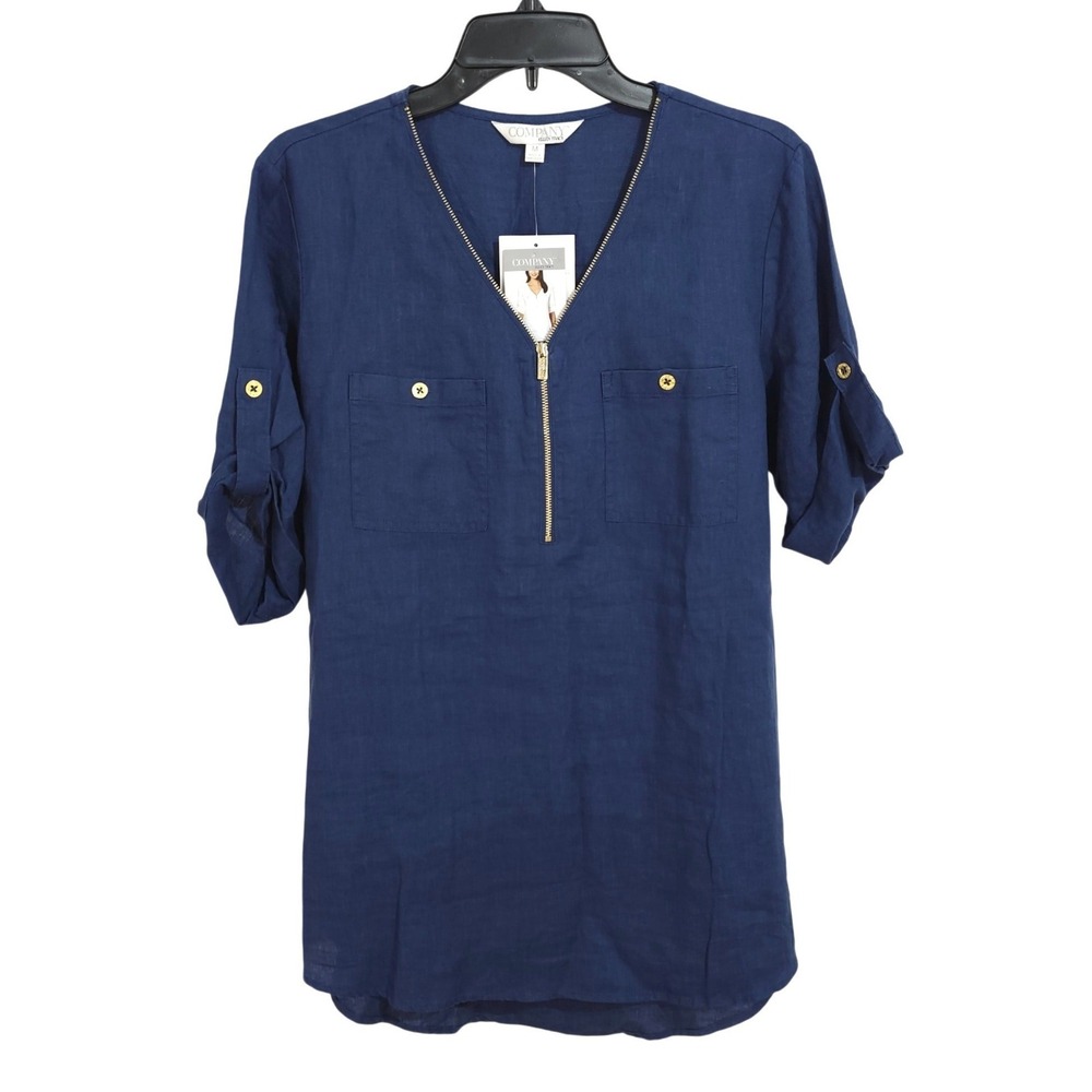 NEW Ellen Tracy Company 100% Linen Zip V-Neck Roll-Tab Tunic Top Medium Indigo